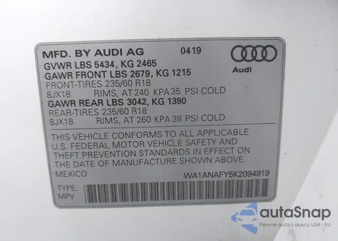 2019 Audi Q5 45 Premium z USA, uszkodzony, nr VIN WA1ANAFY5K2094919